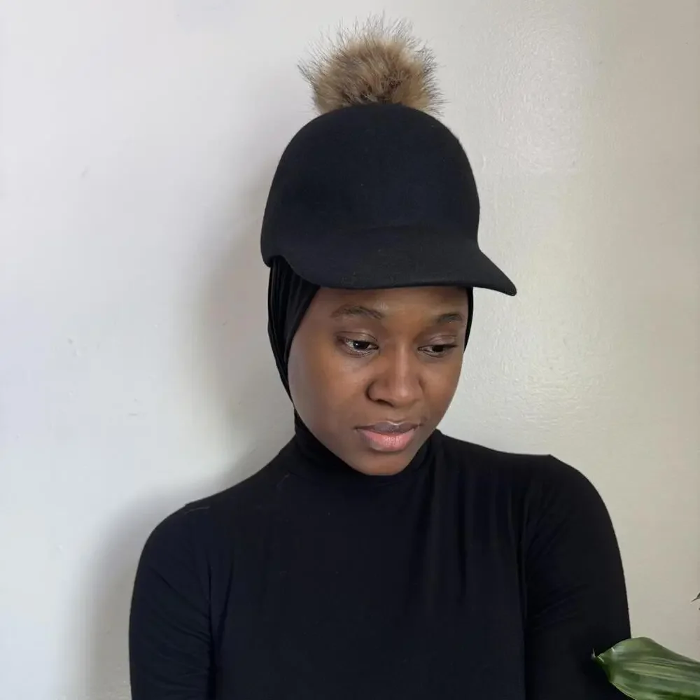 Nine West 100% Wool Riding Cap with Faux Fur Pom